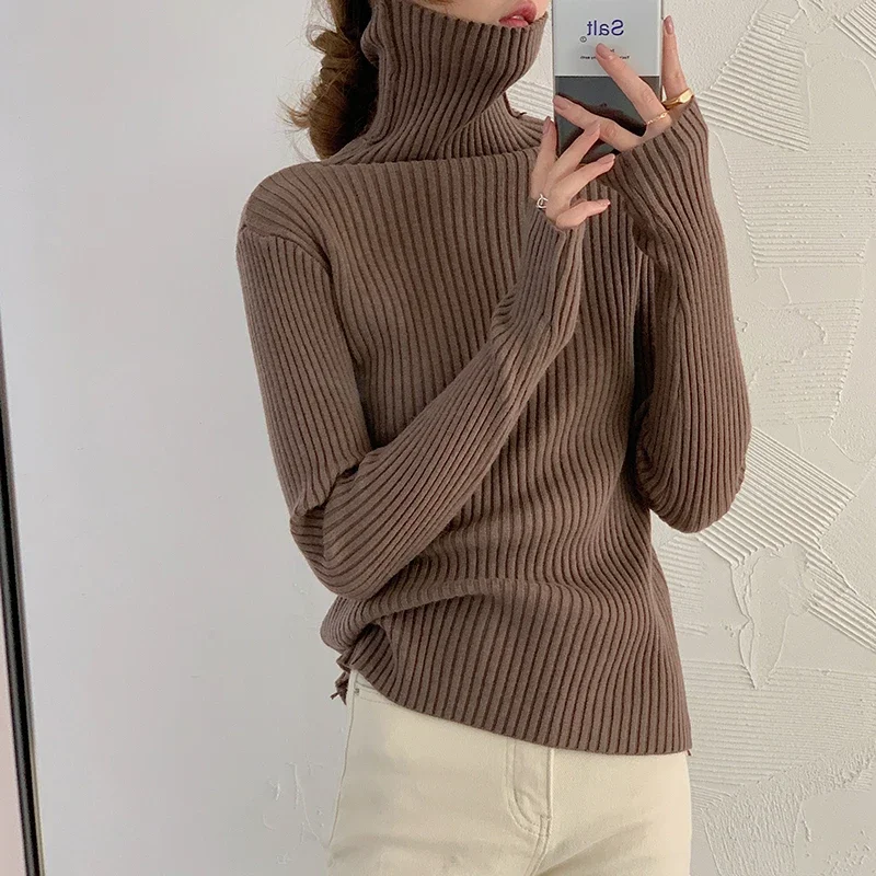 Autumn Winter Warm Thick Women Sweater Pullover Basic Korea Ribbed Sweaters Cotton Tops Knitted Solid Turtleneck with Thumb Hole - Image 5