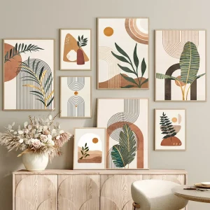 Plant Leaves Sun Line Geometry Boho Abstract Gallery Nordic Wall Art Posters And Prints Painting Pictures For Living Room Decor