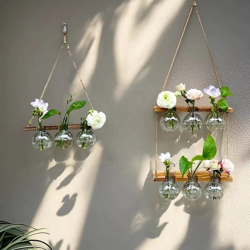 Ins Hydroponic Test Tube Vase Series Wall Mounted Wooden Frame Hydroponics Decorative Container Home Decoration Party Gift Vase