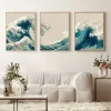 3pcs Frameless Japanese Quiet Wave Triptych Abstract Coastal Landscape Poster Decor,Blue Nautical Decor,Zen Beach Home Printing