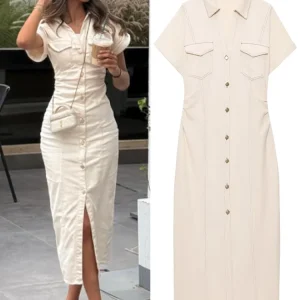 HXAO Denim Women's Dress Button Off White Short Sleeve Midi Dresses Summer New Denim Long Dresses Office Elegant Female Clothing