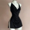 Backless Sleeveless Women Mini Short Dress Y2k Summer Side Slits Bodycon Sexy Elegant Deep V-neck Dresses Vintage Party Clubwear