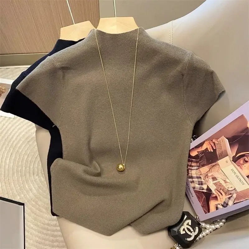 Basic Turtleneck Solid Thin Summer 2026 Pullover Women Female Knitted Sweater Slim Short Sleeve Bodycon Sweater - Image 5