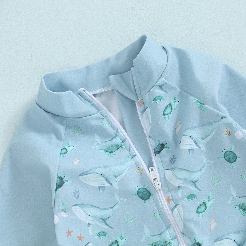 Tregren Newborn Infant Baby Boy Swimwear Set Whale Print Long Sleeve Rash Guard Swimsuit Sun Hat Toddler Bathing Suit Outfit - Image 4