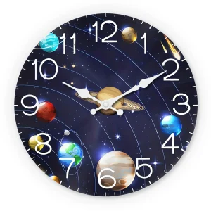 Universe Planet Pattern Wooden Wall Clock, 10-14inch Silent Wall Clocks, Aa Battery Powered, Suitable for Living Room, Bedroom, Office, Valentine's Day, Carnival, Ramadan Festival, (No Batteries)