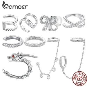 Bamoer Original 925 Sterling Silver Dragon Ear Clip Earrings Cuff Unique White Gold 1PC For Women Party Daily Gift Fine Jewelry
