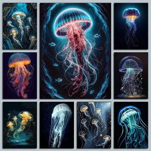 Vibrant Colorful Jellyfish Marine Wildlife Posters Nautical Coral Prints Canvas Painting Wall Art Picture Home Living Room Decor