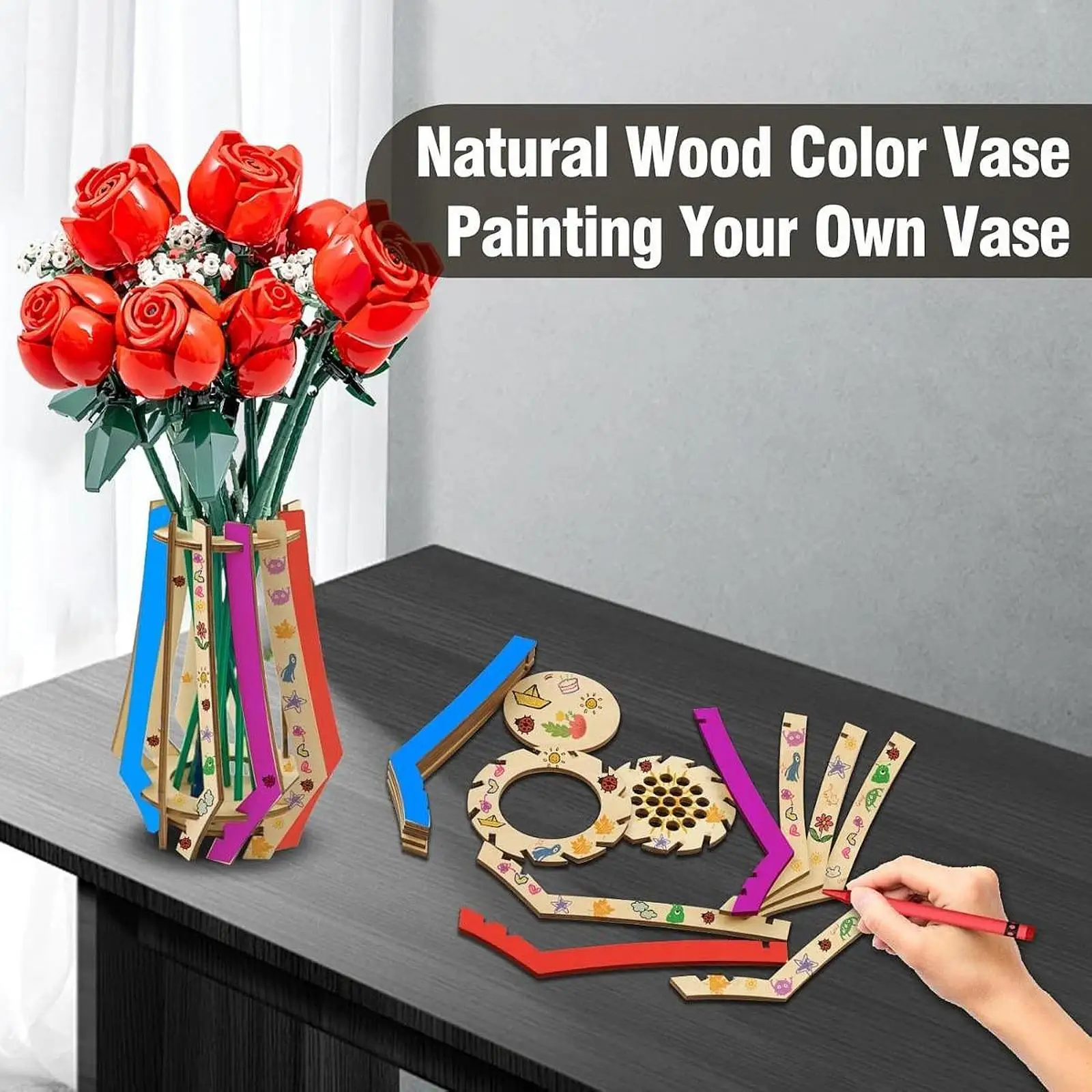Flower Building Set Floral Container Gift Decorative Crafts Unique Home Decor Wooden Puzzle Flower Vase 3D Puzzle Flower Vase