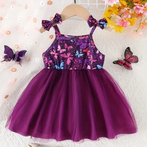 Summer Baby Girl Dress With Cute Floral Print Suspender, Sweet Princess Chiffon Dress For Girls