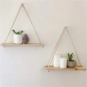 Premium Wood Swing Hanging Rope Wall Mounted Floating Shelves – Plant Flower Pot Indoor Outdoor Decoration Simple Design