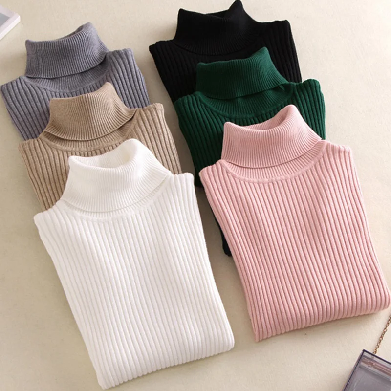 New Autumn Winter Women Knitted Turtleneck Sweater Casual Soft Polo-neck Jumper Fashion Slim Elasticity Solid Ribbed Pullovers