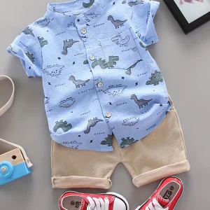 Infant and toddler summer full print small dinosaur pattern short sleeved shorts set, outdoor standing collar shirt, fashionable