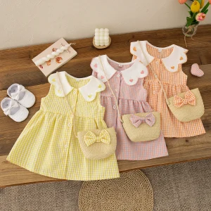 Baby Girl Dress Summer Love And Plaid Pattern Doll Collar Sleeveless Girl Kid's Dress Cute Casual Girl Dress With Bag