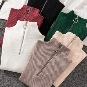 Fashion Solid Knitted Sweaters Female Vintage Long Sleeve Zip-up Basic Half Chic Turtleneck Sweater Women Pullovers Casual Tops
