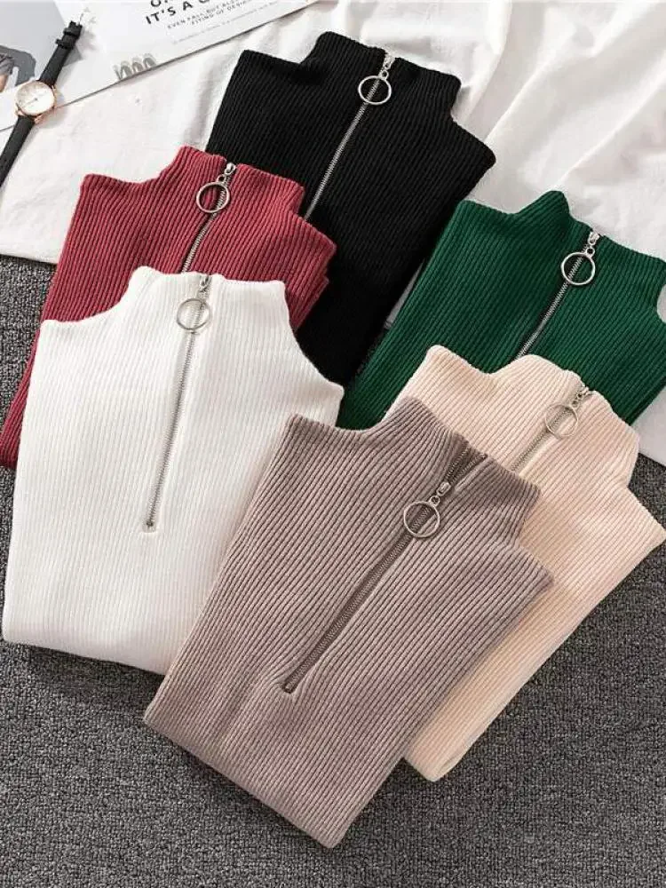 Fashion Solid Knitted Sweaters Female Vintage Long Sleeve Zip-up Basic Half Chic Turtleneck Sweater Women Pullovers Casual Tops