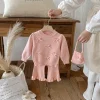 A stylish bow round-neck top, flared pants and cute bag set for baby girls in autumn and winter 2025