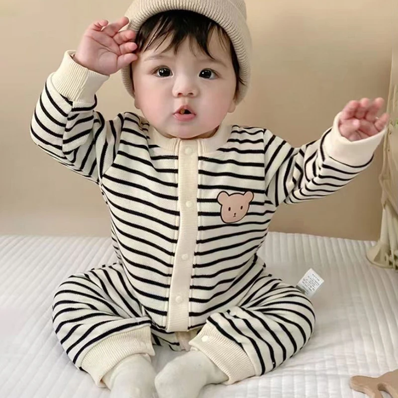 Autumn Winter Baby Romper Thick Cotton Newborn Long Sleeved Jumpsuit Pants 0-13M Kids Clothes Cute Toddler Stripe Bear Bodysuit - Image 5