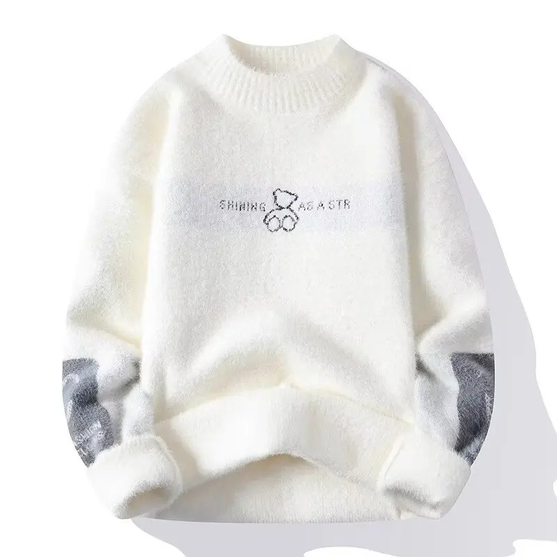 Men Winter Warm Black Sweater Pullovers Vintage Knitted Men's Rock Hip Hop Plush O Neck Top Men's Cloting New 2024