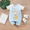 Newborn baby fake two-piece suspenders pink blue giraffe soft, comfortable and cute round-neck jumpsuit