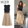 MUJER 2025 Woman Dresses Belt Pleated Midi Dress Women Sleeveless Summer Dress Woman Knitted Party Dresses for Women Sundress