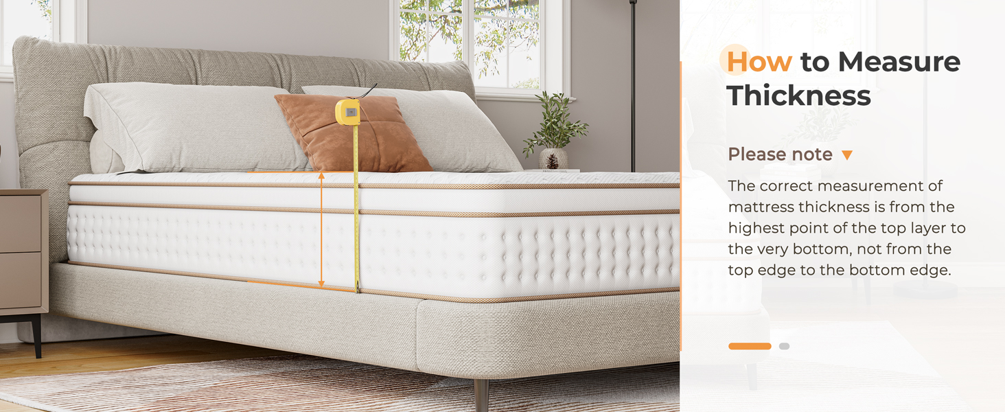 White mattress and boxspring set with tufted design, shown in bedroom setting with instructional diagram for measuring thickness.