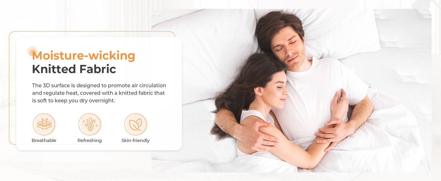 Product information display showing moisture-wicking knitted fabric benefits with three circular icons illustrating fabric properties on white background.