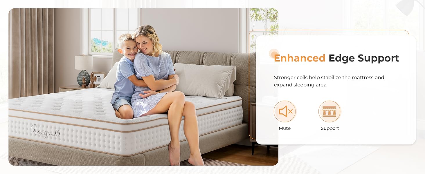 Mattress product demonstration scene showing enhanced edge support feature, with information overlay panel on right side.