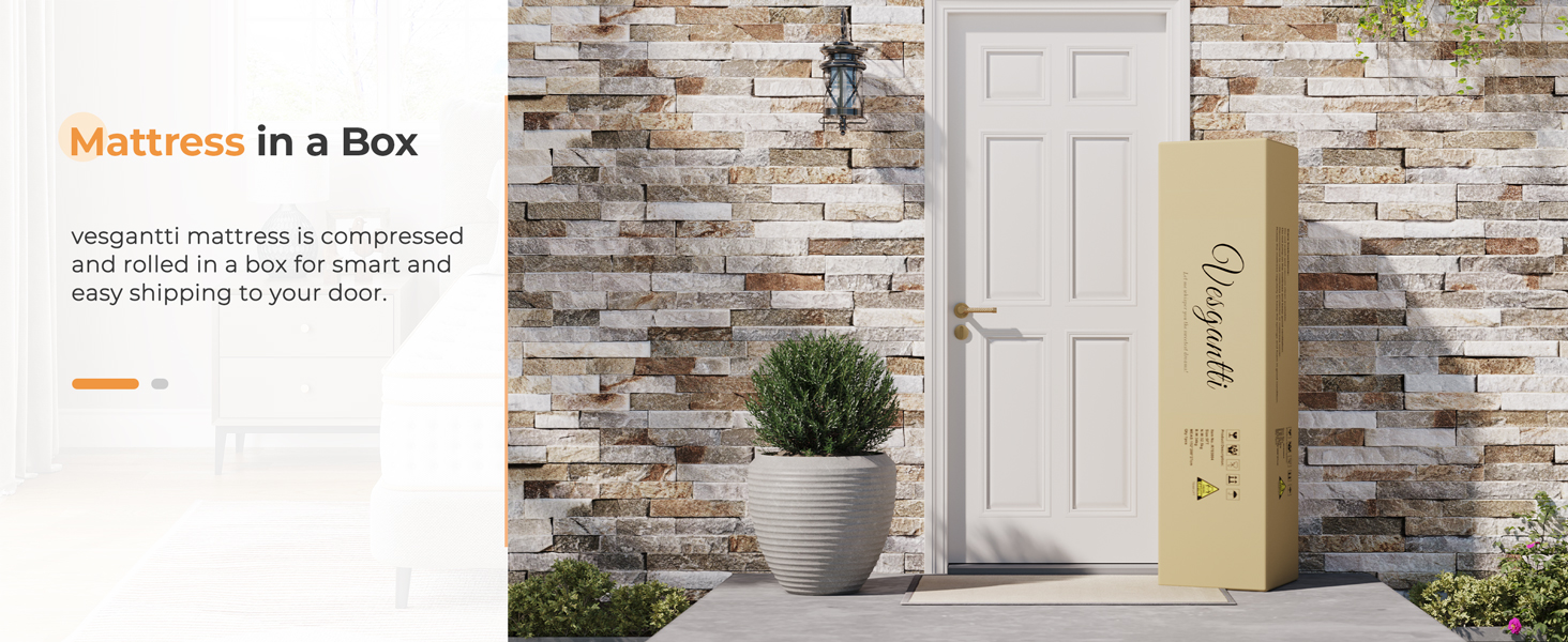 Mattress in a tall, narrow box standing on a doorstep. Stone facade visible with potted plant nearby. Text indicates 'Mattress in a Box'.