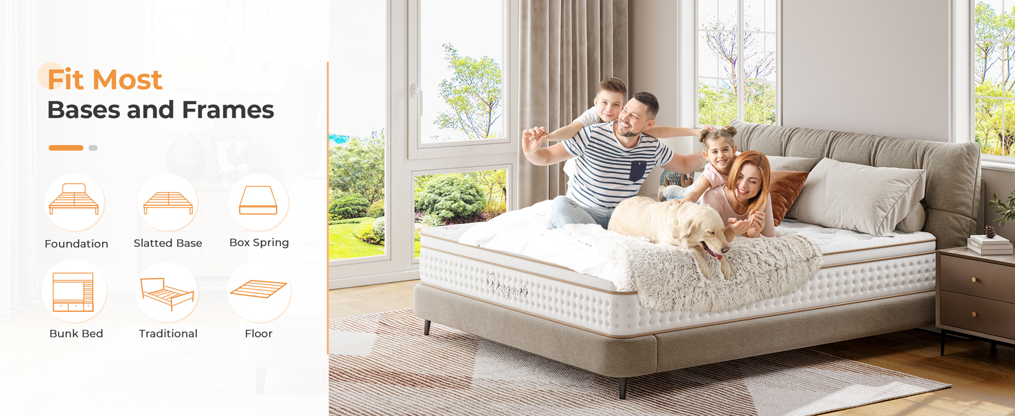 Mattress compatibility chart showing size specifications, alongside image of mattress on platform bed frame in bright, window-lit bedroom setting.