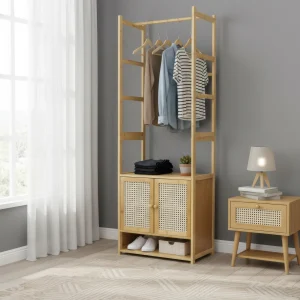 Heavy Duty Coat Rack Stand with Drawes, Bamboo Clothes Rail with Rod and Storage Shelf, Multifunctional Garment Rack for Bedroom