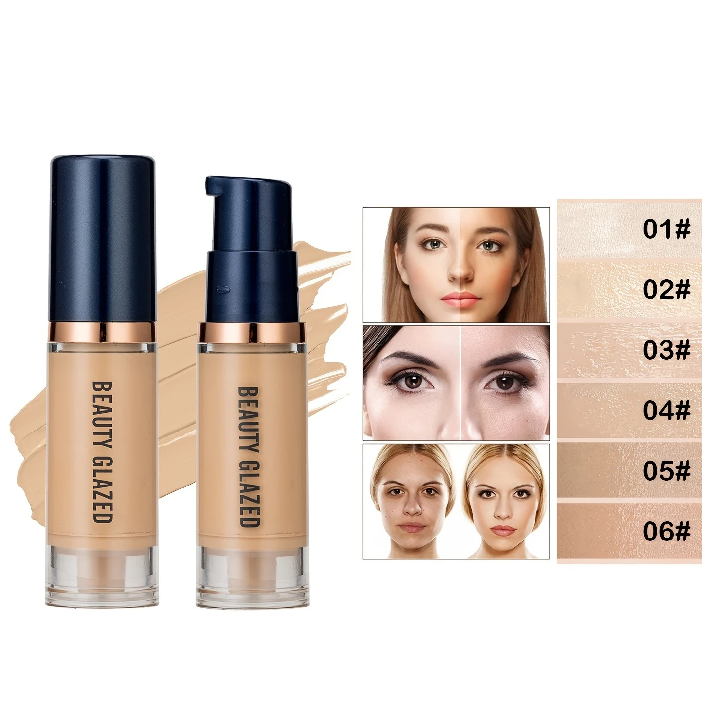 Beauty Glazed 6 Color Liquid Foundation Concealer - Full Coverage, Long-Lasting, Waterproof, Natural Effect, - Image 3