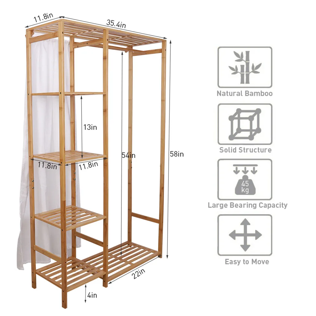 Bamboo Wood Clothing Garment Rack with Shelves Clothes Hanging Rack Stand for Child Kids Adults Cloth Shoe Coat Storage Organize - Image 5
