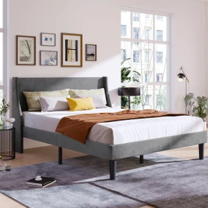 PINGGO Double Bed Velvet Grey 4FT6 Upholstered Bed With Winged Headboard Wood Slat Support (No Mattress)