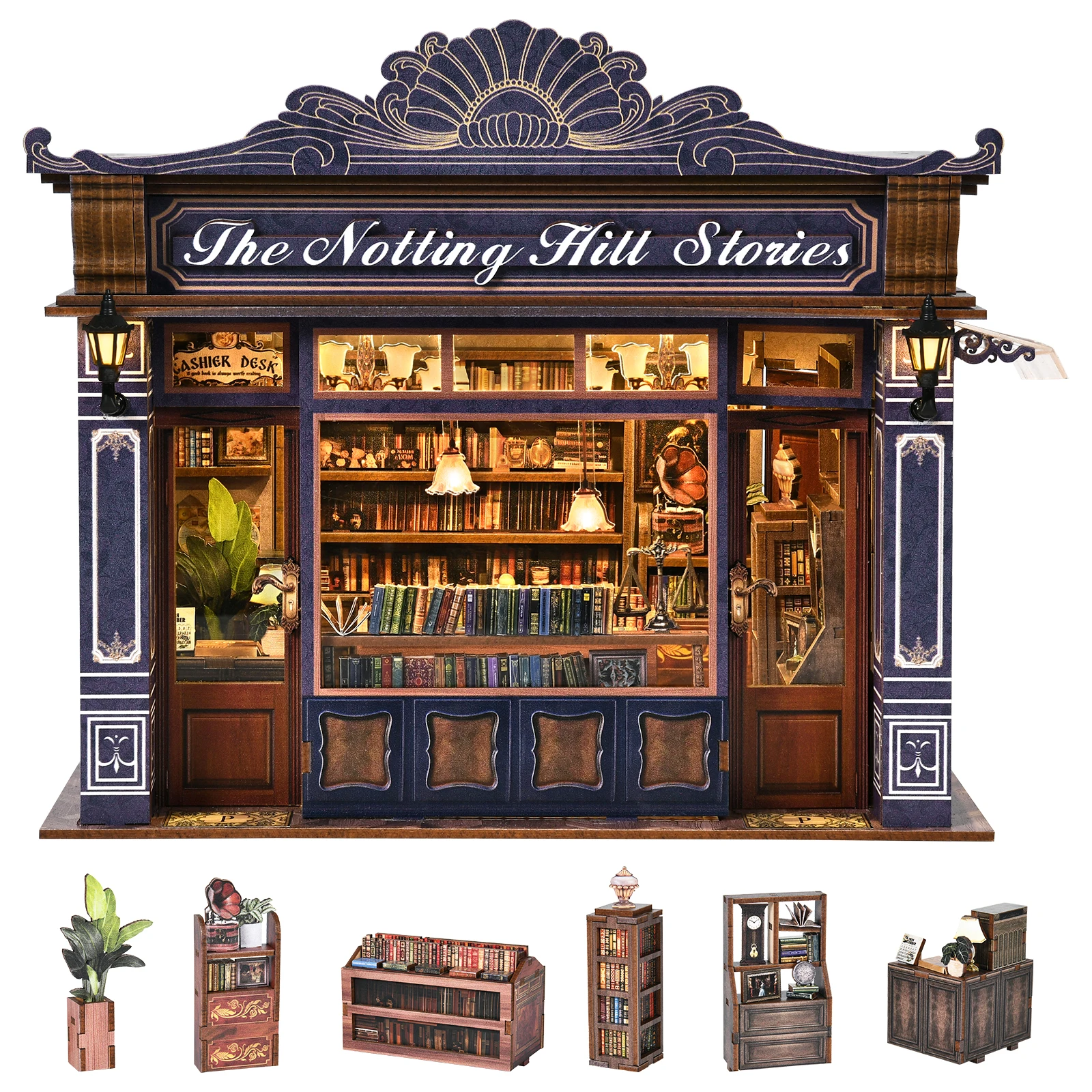 DIY Book Nook Kit Notting Hill Bookstore Wooden Bookshop Dollhouse with Light Bookshelf Insert 3D Puzzle Decor for Gift
