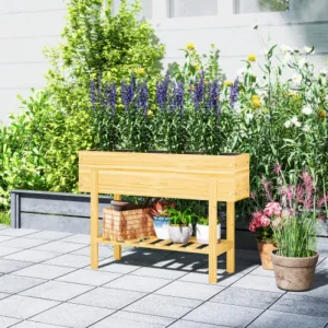 Outsunny Wooden Raised Garden Bed,Elevated Planter Box with Bed Liner,Drainage Holes and Storage Shelf,Raised Planter