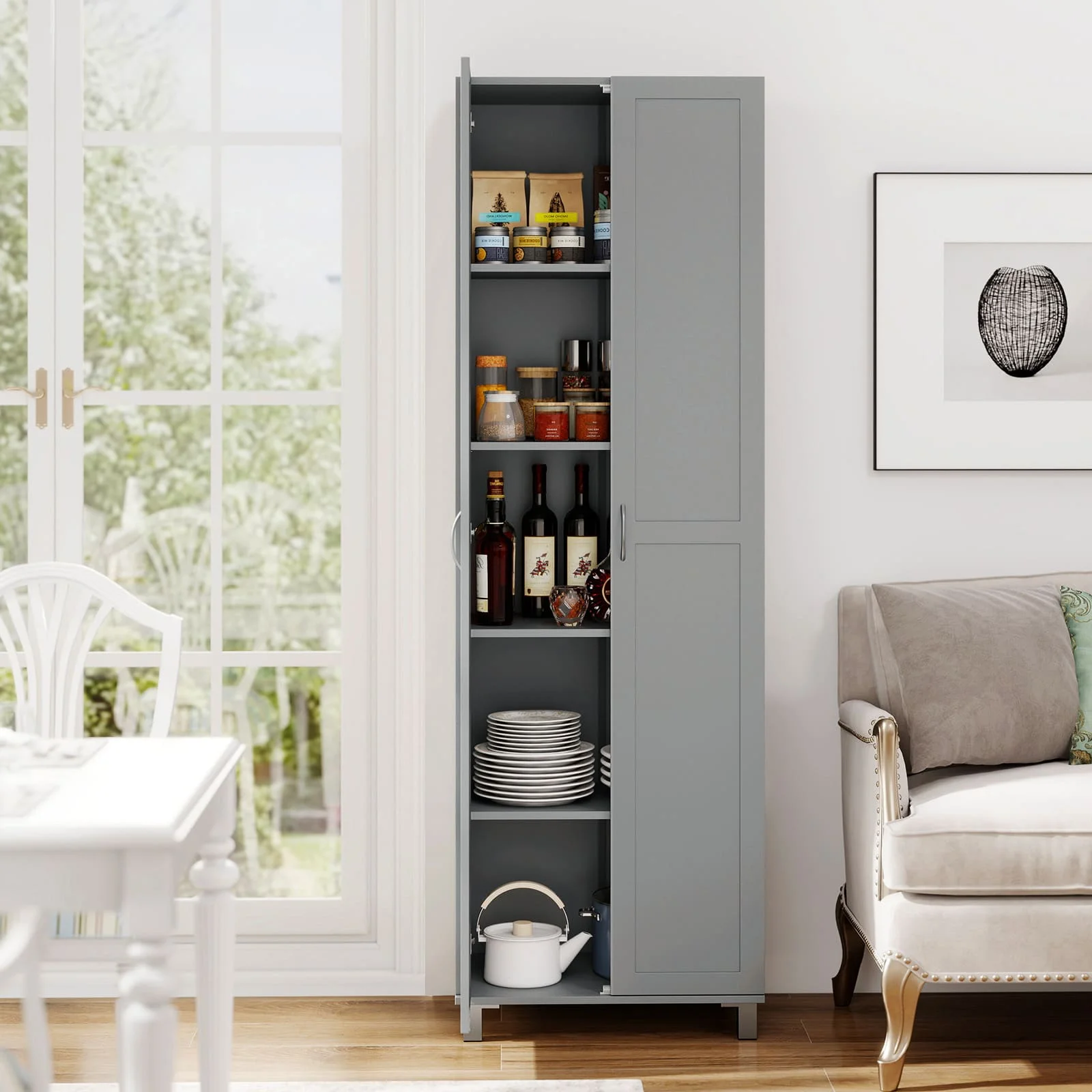 GOFLAME Double Door Tall Storage Cabinet Freestanding Pantry Cabinet-Grey - Image 5