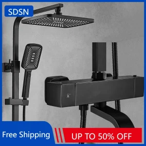 Black Thermostatic Bathroom Shower System 12 Inch Square Rainfall Shower Head Wall Mounted Thermostatic Bathroom Shower Set