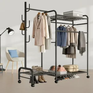 Floor-to-Ceiling Hanging Coat Rack Double-Rod Clothes Rail Rack With Hooks Wheels Hanging Wardrobe Shelf Bedroom Clothing Hanger
