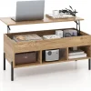 Lift Up Top Coffee Table, Wooden Lifting Cocktail Center Table with Hidden Storage Compartment, Open Shelf and Metal Legs
