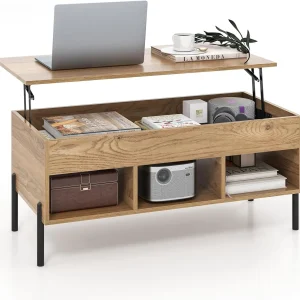 Lift Up Top Coffee Table, Wooden Lifting Cocktail Center Table with Hidden Storage Compartment, Open Shelf and Metal Legs