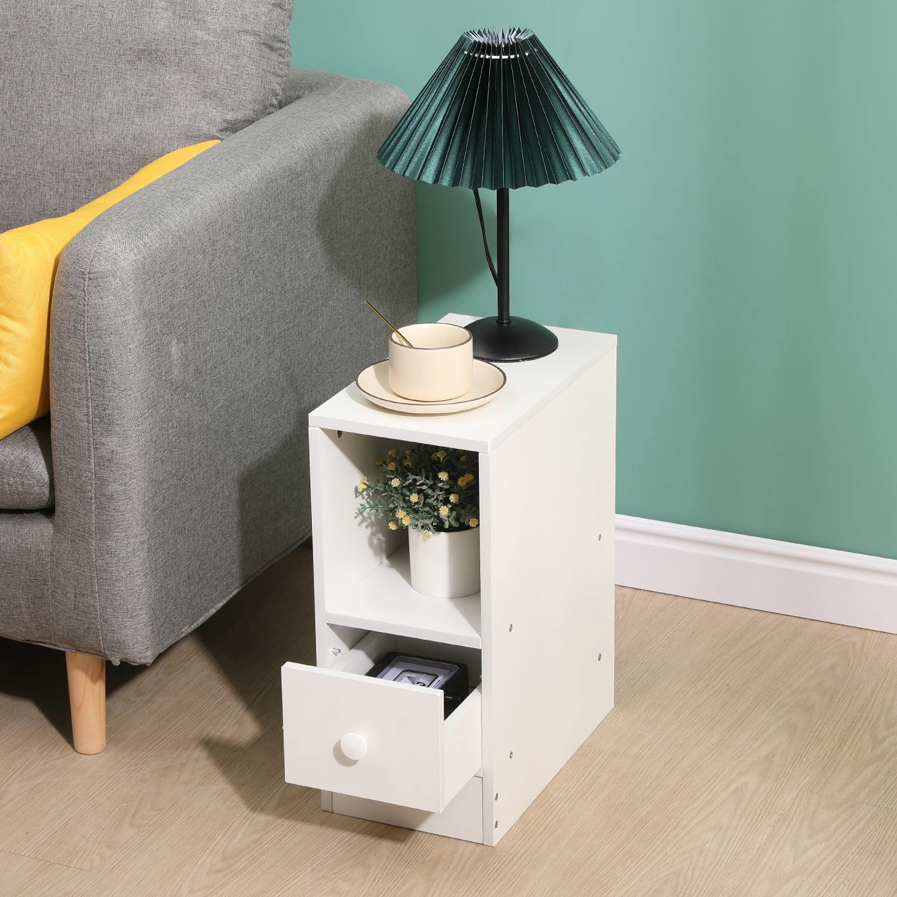 BonChoice Slim Tall Bedside Table Cabinet with Drawer & Storage Space for Bedroom, Narrow Sofa Side Table End Table - Image 5