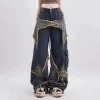 Baggy Jeans for Women Autumn/winter European and American Vintage Design Empty Star Appliqué and Faded Straight-leg Trousers