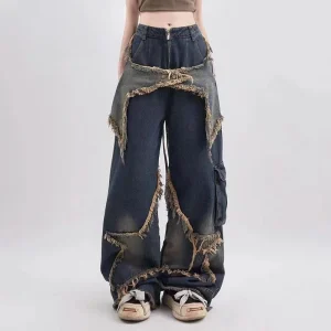 Baggy Jeans for Women Autumn/winter European and American Vintage Design Empty Star Appliqué and Faded Straight-leg Trousers