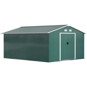 Outsunny 13 x 11ft Metal Garden Shed, Outdoor Storage Tool House with Ventilation Slots, Green