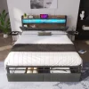 PINGGO Upholstered Double Bed with LED Lighting Storage Headboard and Drawers, 4ft6 Double Bed Storage Bed Frame (No Mattress)