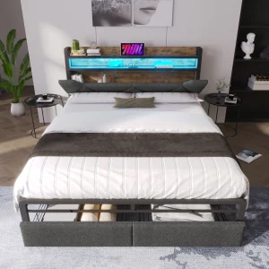 PINGGO Upholstered Double Bed with LED Lighting Storage Headboard and Drawers, 4ft6 Double Bed Storage Bed Frame (No Mattress)