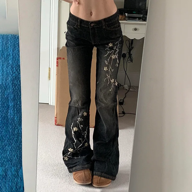 Jeans Women Y2k Pants Vintage American Retro High Street Bodycon Slim Fit Flared Low Rise Plant Embroidery Long Trousers - Image 3
