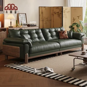 Cloud leather sofa black walnut ash wood straight row size apartment medium antique leather art sofa