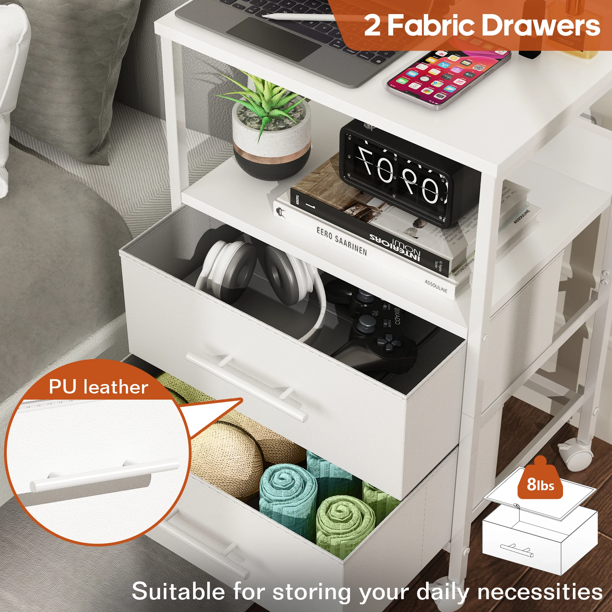 Bedside Table With Charging Station Nightstand With 2 Outlets And 2 USB Ports With 4 Castors - Image 4