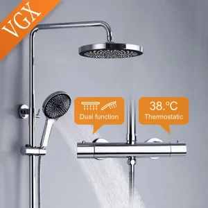 VGX Thermostatic Shower System Intelligent Brass Bathroom Shower Set 2 Function Shower System Round Shower Head Handheld Sprayer